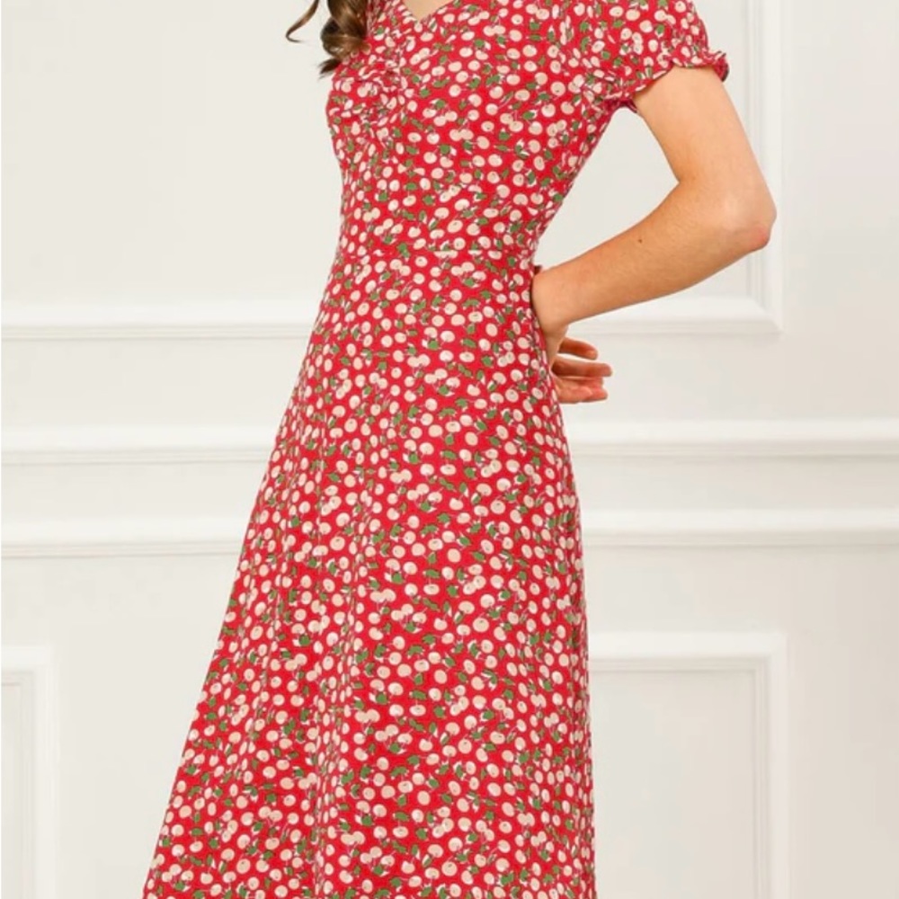 Allegra K Floral Sweetheart Neck Smocked ruffle Cherry print A-Line dress.